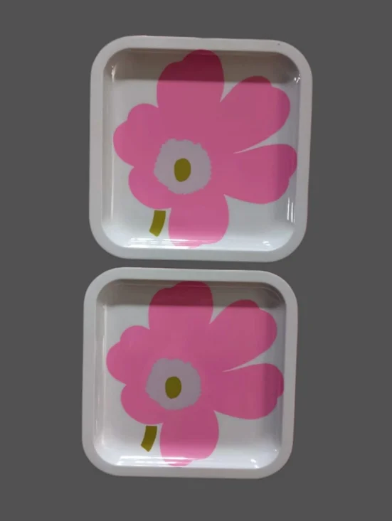 VTG Zak & Marimekko "Unikko" Set of 4 Pink and White Melamine Square Plates - Picture 7 of 9